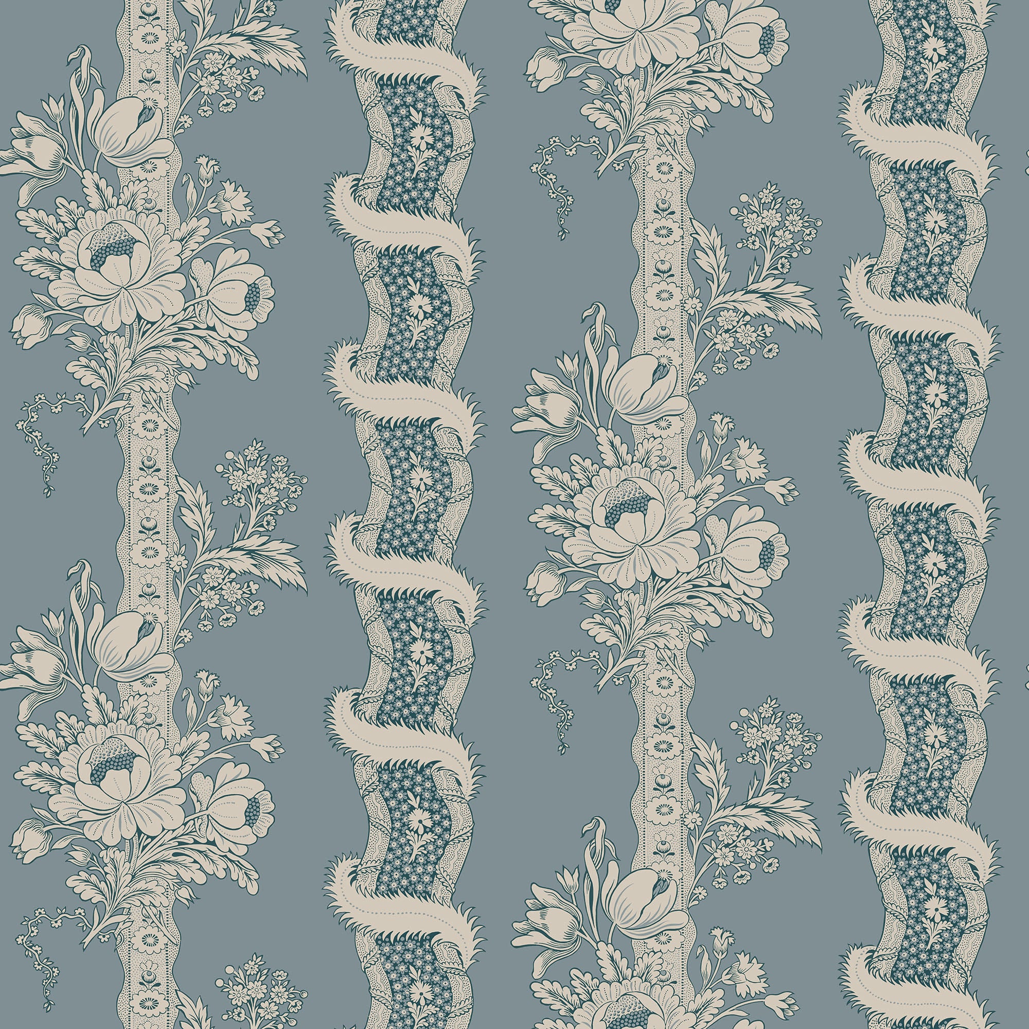 Alexandra wallpaper by Sandberg, flat swatch of floral bouquet and ribbon stripes in cream on dusty blue