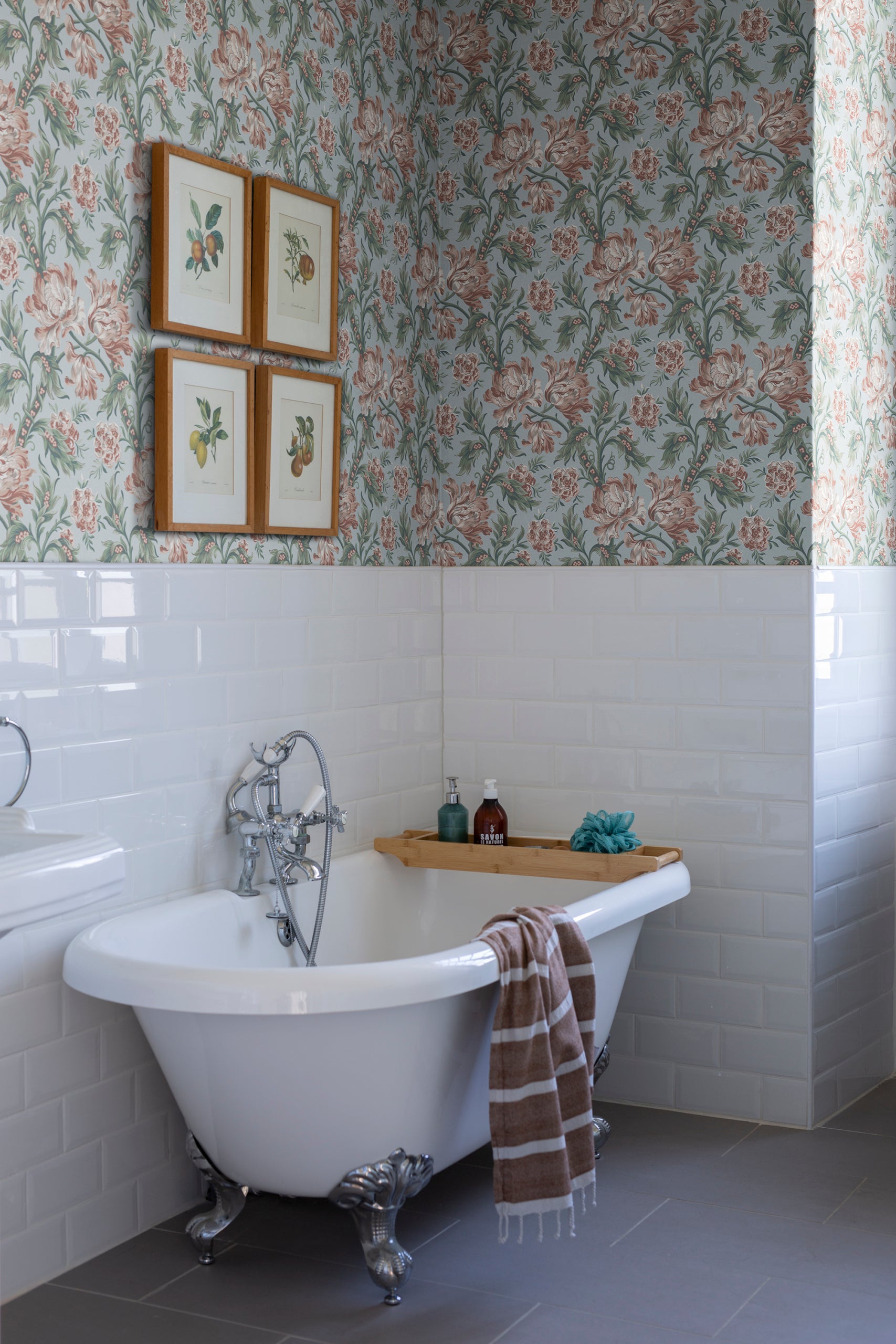 Amelia wallpaper by Sandberg in Sky Blue, styled on an interior wall