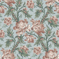 Amelia wallpaper by Sandberg, flat swatch of scrolling peony vines in terracotta and green on a soft duck-egg blue background