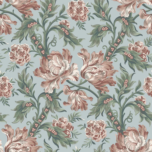 Amelia wallpaper by Sandberg, flat swatch of scrolling peony vines in terracotta and green on a soft duck-egg blue background
