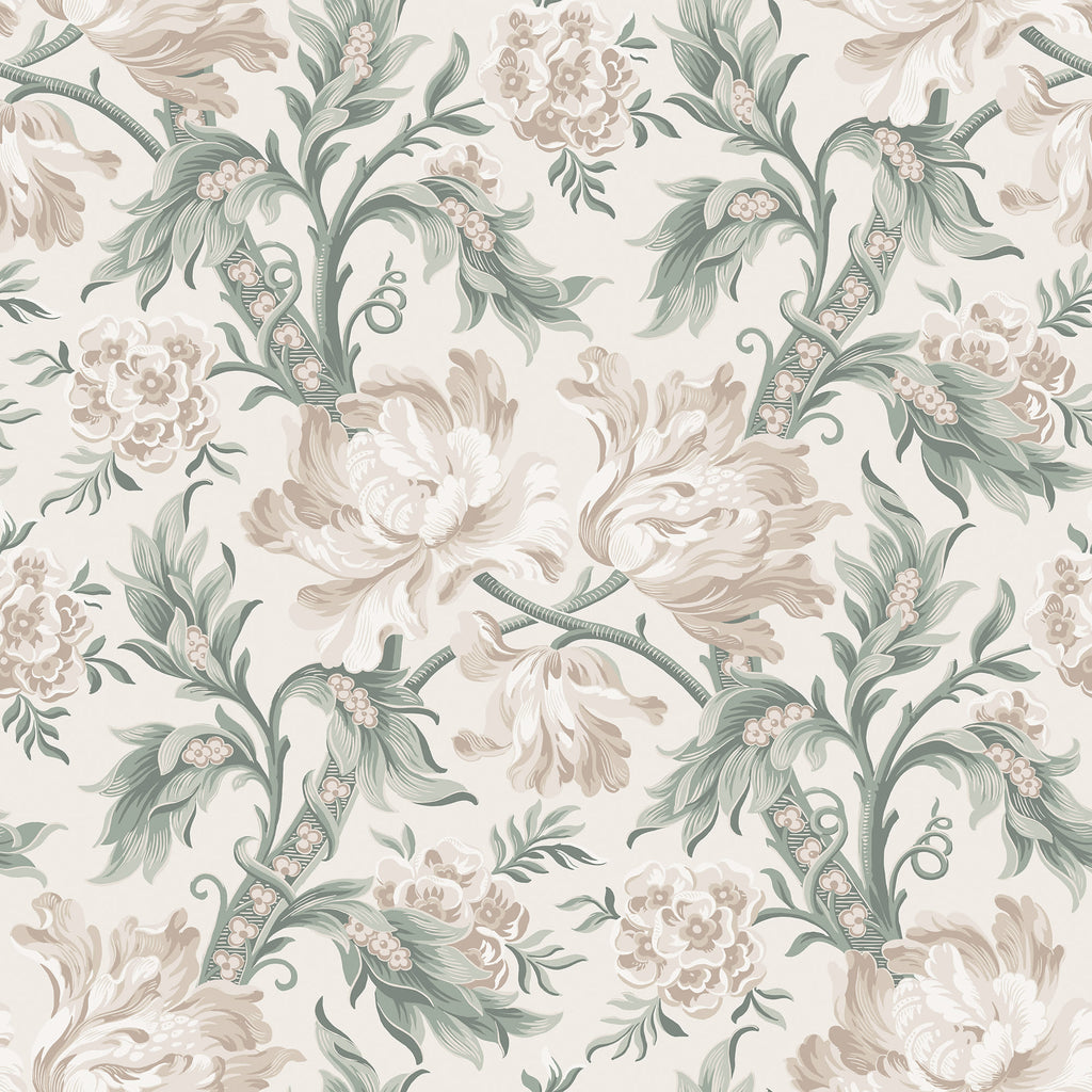 Amelia wallpaper by Sandberg, flat swatch of trailing peonies and lily-of-the-valley in soft beige and sage green on cream