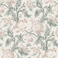 Amelia wallpaper by Sandberg, flat swatch of trailing peonies and lily-of-the-valley in soft beige and sage green on cream