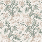 Amelia wallpaper by Sandberg, flat swatch of trailing peonies and lily-of-the-valley in soft beige and sage green on cream