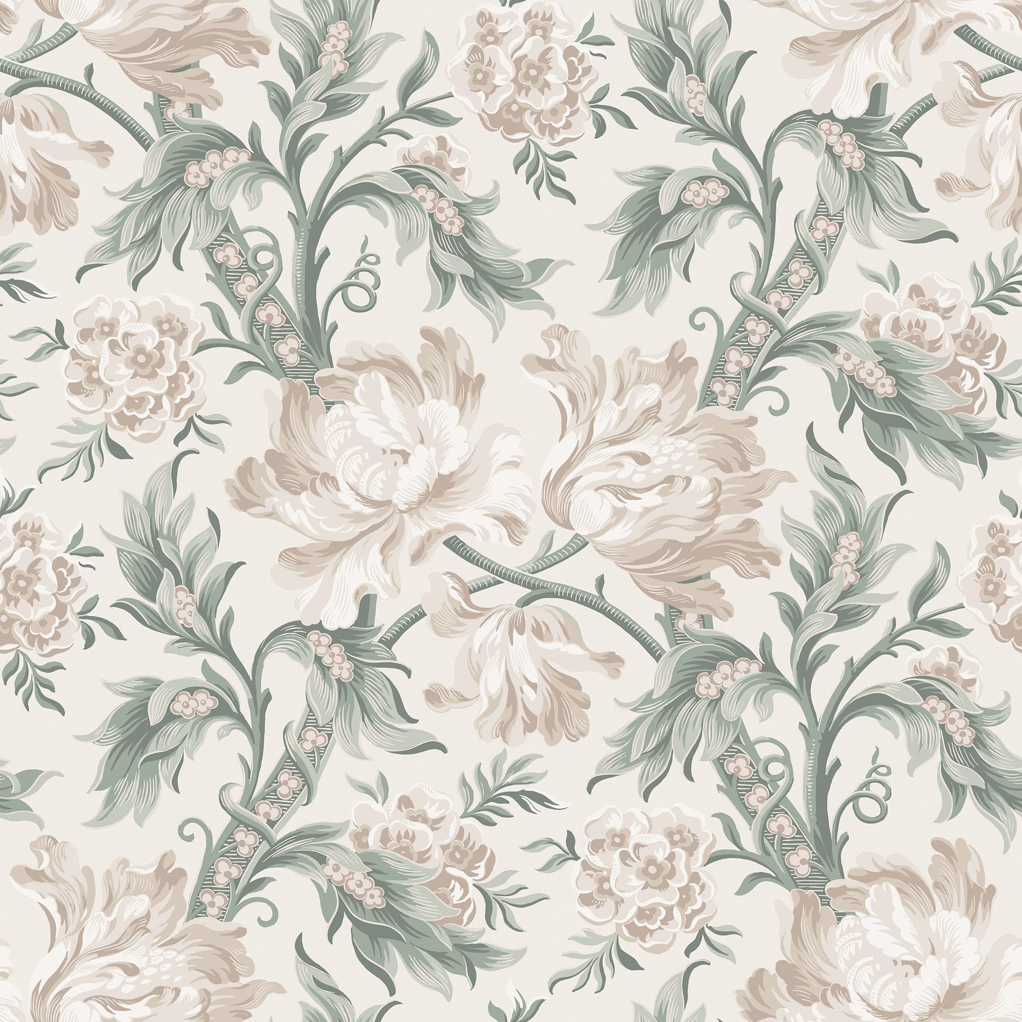 Amelia wallpaper by Sandberg, flat swatch of trailing peonies and lily-of-the-valley in soft beige and sage green on cream