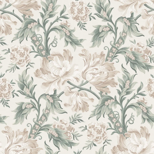 Amelia wallpaper by Sandberg, flat swatch of trailing peonies and lily-of-the-valley in soft beige and sage green on cream