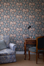 Amelia wallpaper by Sandberg in Indigo Blue, styled on an interior wall