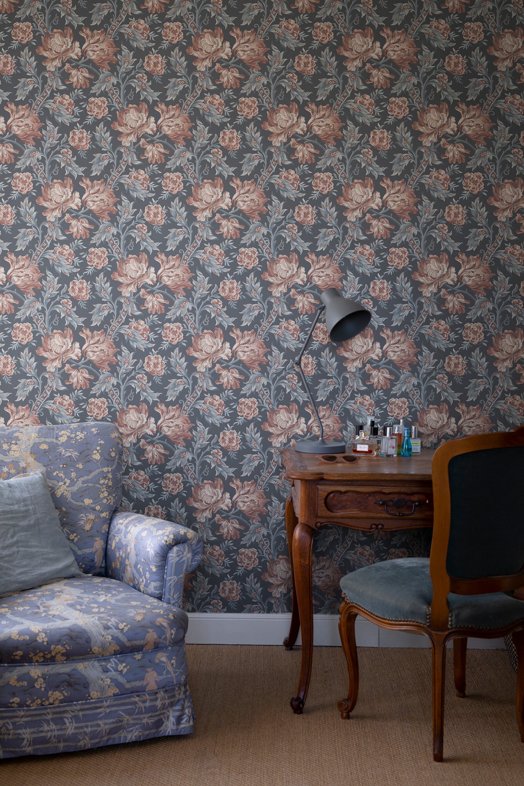 Amelia wallpaper by Sandberg in Indigo Blue, styled on an interior wall