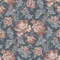 Amelia wallpaper by Sandberg, flat swatch of climbing peony floral in dusky rose and blue-grey on a deep slate navy ground