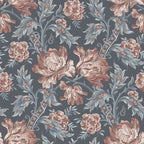 Amelia wallpaper by Sandberg, flat swatch of climbing peony floral in dusky rose and blue-grey on a deep slate navy ground