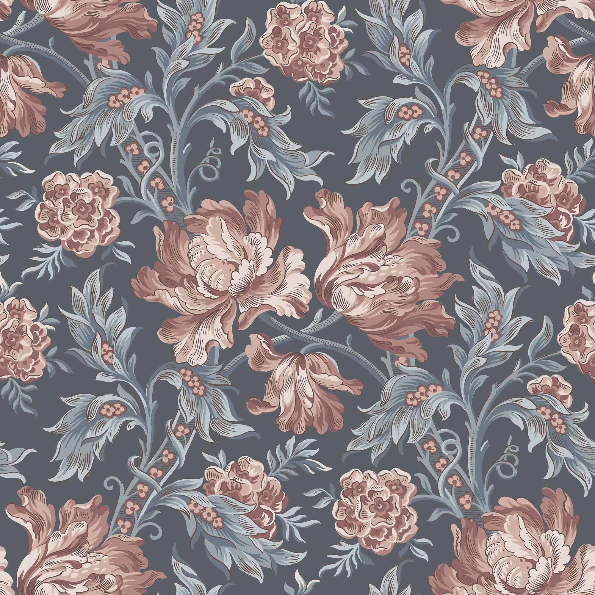 Amelia wallpaper by Sandberg, flat swatch of climbing peony floral in dusky rose and blue-grey on a deep slate navy ground