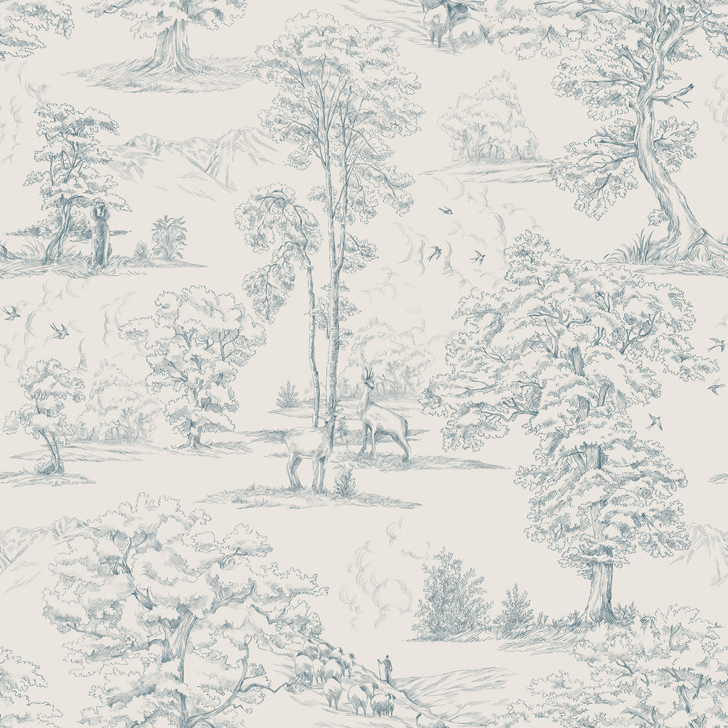Montfort toile wallpaper by Sandberg, soft blue woodland scene with trees and deer on cream, flat swatch