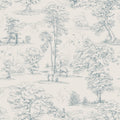 Montfort toile wallpaper by Sandberg, soft blue woodland scene with trees and deer on cream, flat swatch