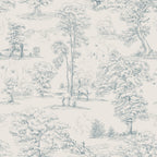 Montfort toile wallpaper by Sandberg, soft blue woodland scene with trees and deer on cream, flat swatch