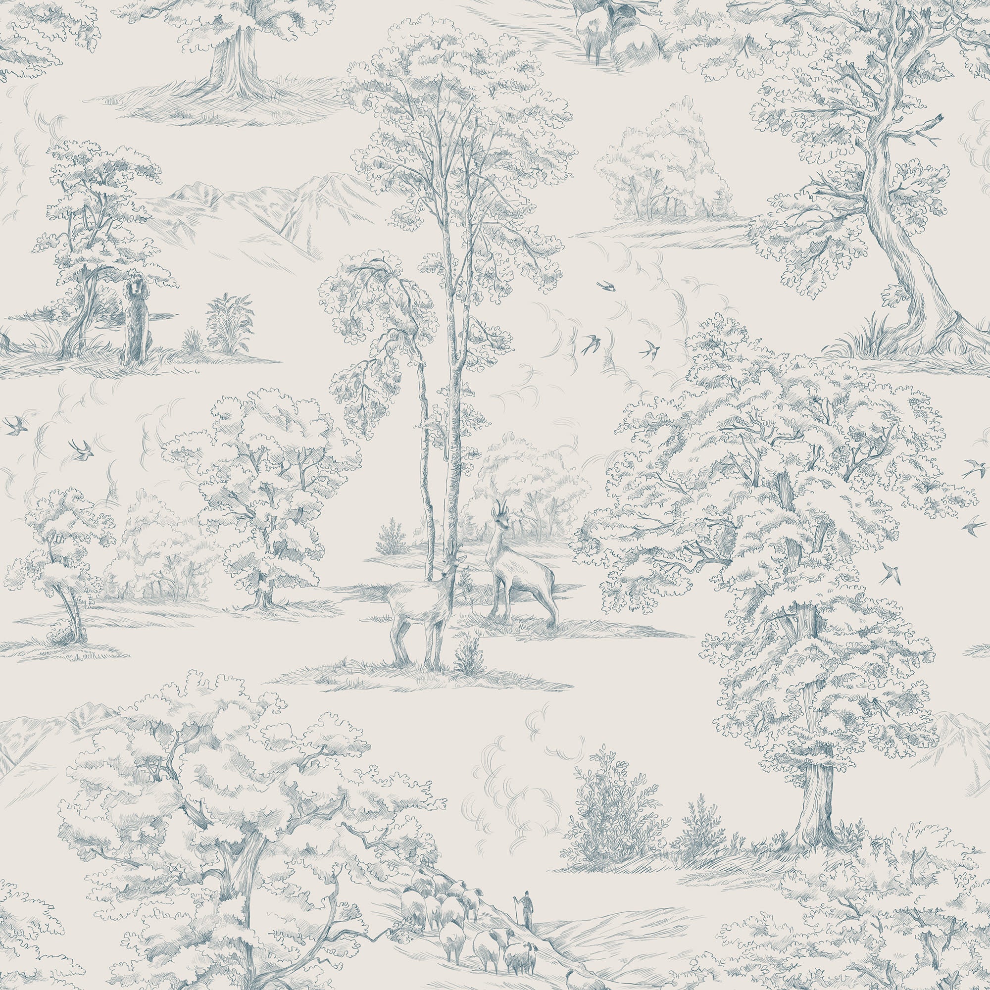 Montfort toile wallpaper by Sandberg, soft blue woodland scene with trees and deer on cream, flat swatch