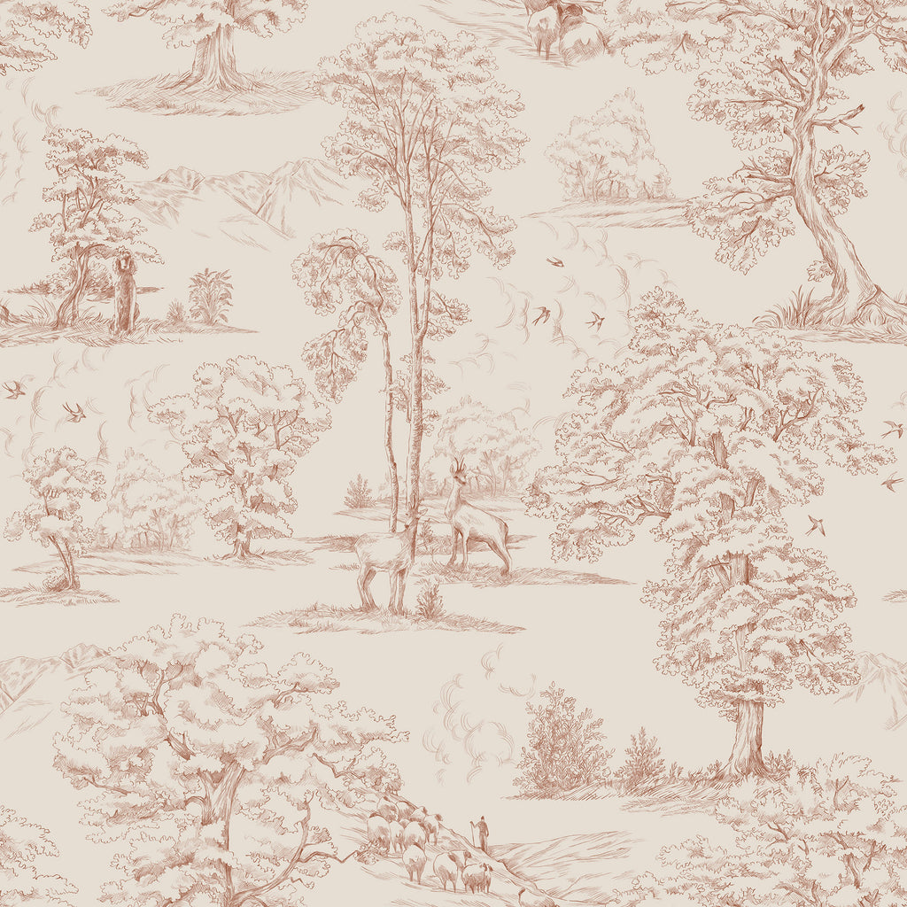 Montfort toile wallpaper by Sandberg, terracotta-red woodland scene with trees and deer on cream, flat swatch