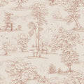 Montfort toile wallpaper by Sandberg, terracotta-red woodland scene with trees and deer on cream, flat swatch