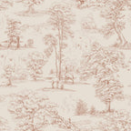 Montfort toile wallpaper by Sandberg, terracotta-red woodland scene with trees and deer on cream, flat swatch