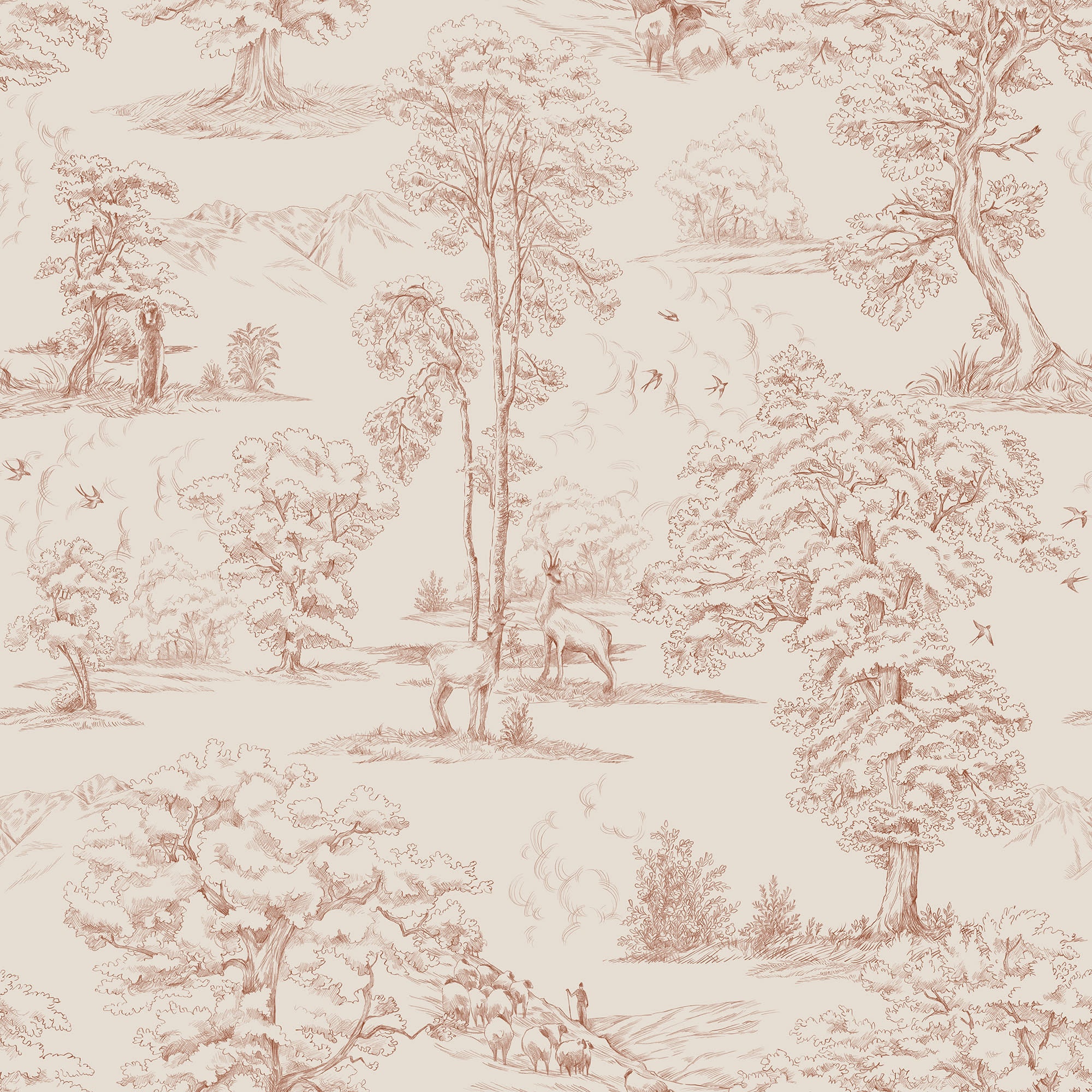 Montfort toile wallpaper by Sandberg, terracotta-red woodland scene with trees and deer on cream, flat swatch