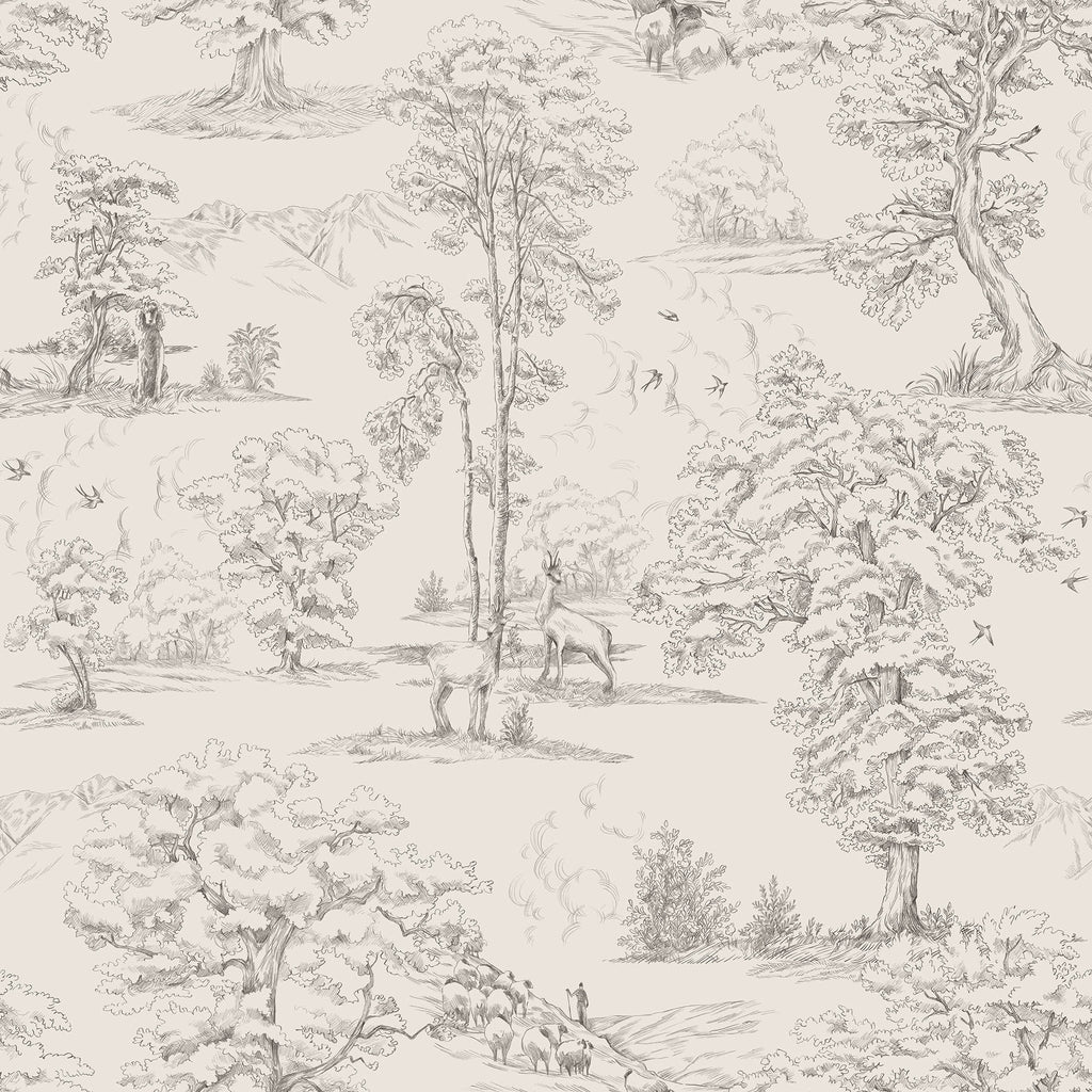 Montfort toile wallpaper by Sandberg, grey woodland landscape with trees and deer on cream, flat swatch