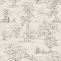 Montfort toile wallpaper by Sandberg, grey woodland landscape with trees and deer on cream, flat swatch