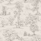Montfort toile wallpaper by Sandberg, grey woodland landscape with trees and deer on cream, flat swatch