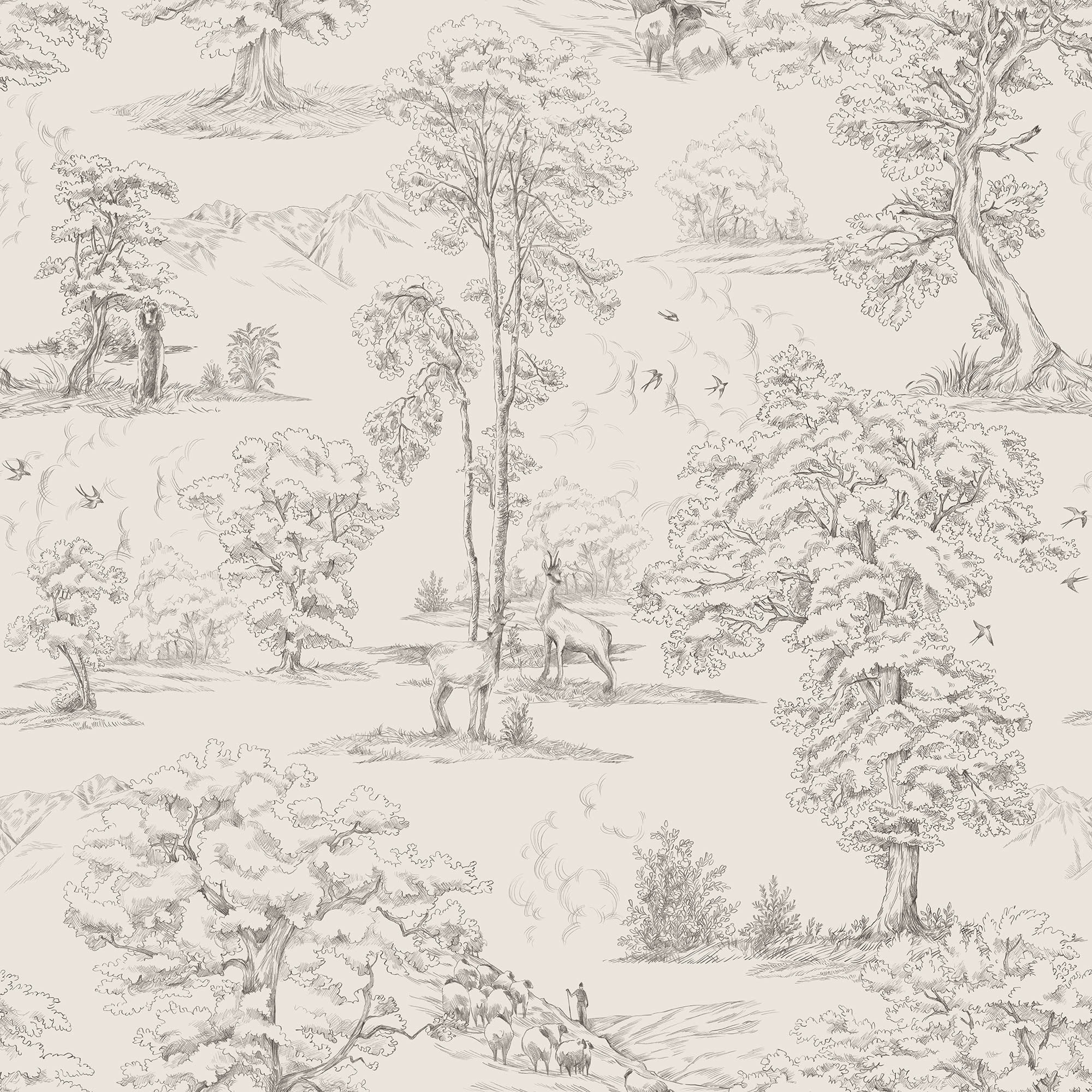 Montfort toile wallpaper by Sandberg, grey woodland landscape with trees and deer on cream, flat swatch
