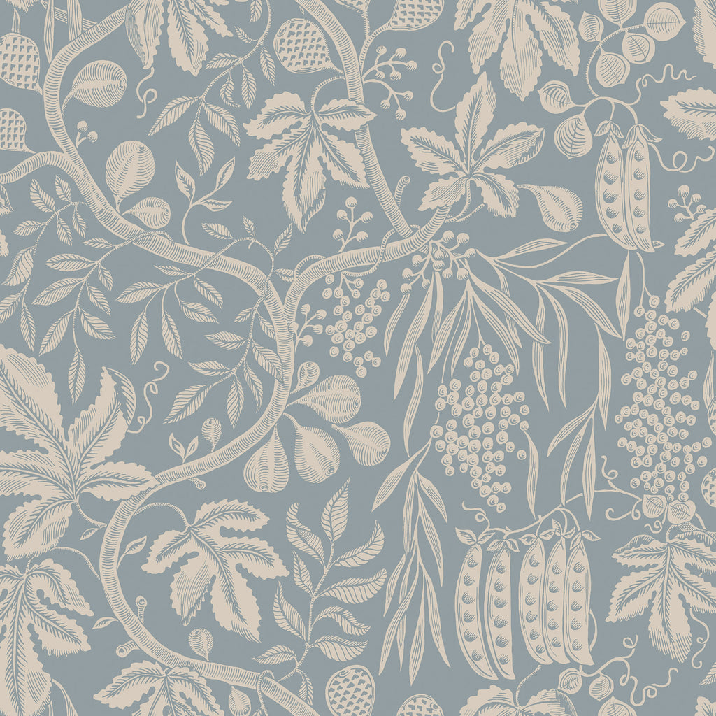 Fig Garden wallpaper by Sandberg, peapod and fruit-vine motif on dusty blue, flat swatch colourway