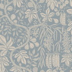 Fig Garden wallpaper by Sandberg, peapod and fruit-vine motif on dusty blue, flat swatch colourway