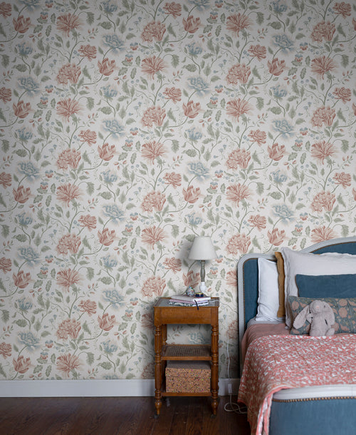 Annabelle wallpaper by Sandberg in Terracotta, styled on an interior wall