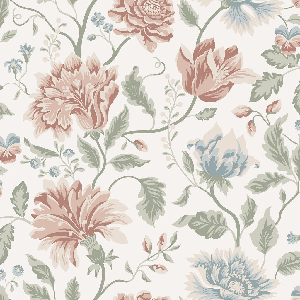 Annabelle wallpaper by Sandberg, flat swatch of oversized pink and blue blooms with green foliage on a crisp white ground