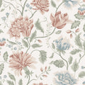 Annabelle wallpaper by Sandberg, flat swatch of oversized pink and blue blooms with green foliage on a crisp white ground
