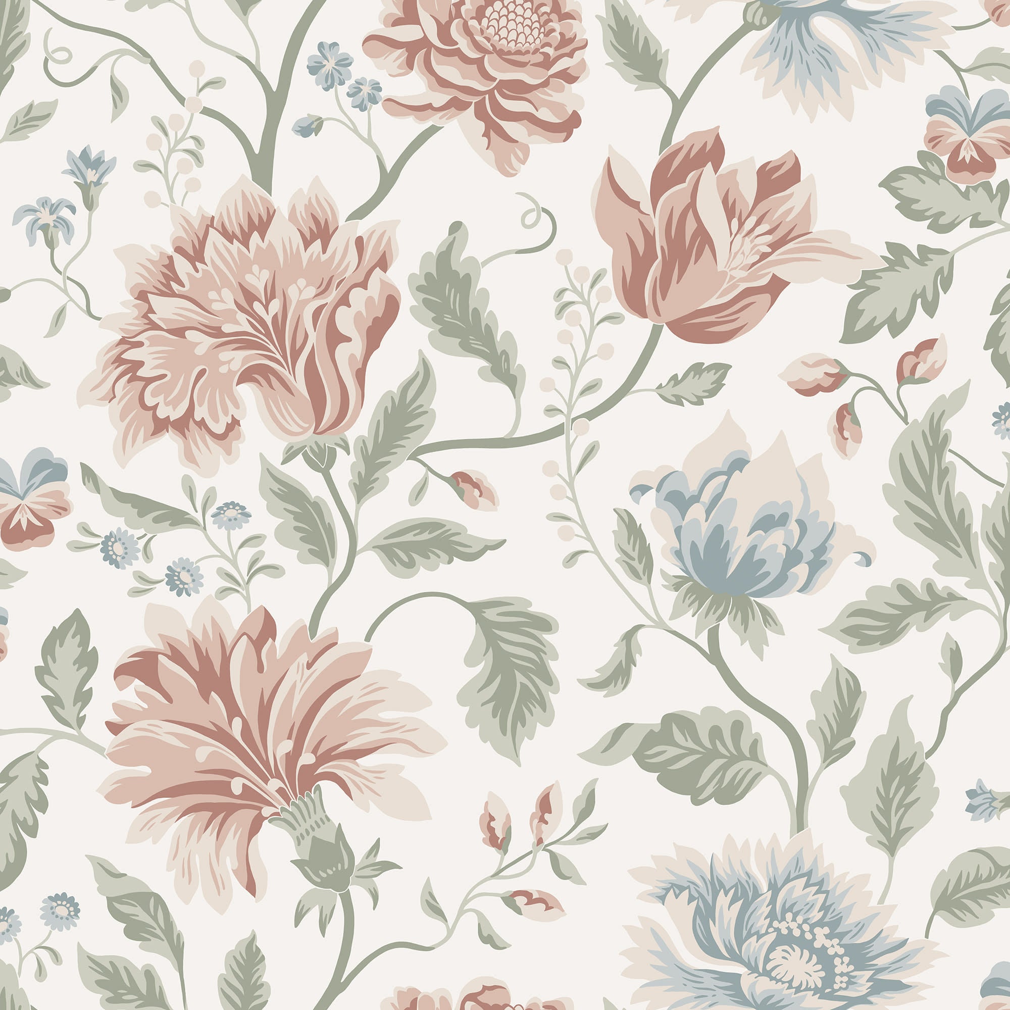 Annabelle wallpaper by Sandberg, flat swatch of oversized pink and blue blooms with green foliage on a crisp white ground