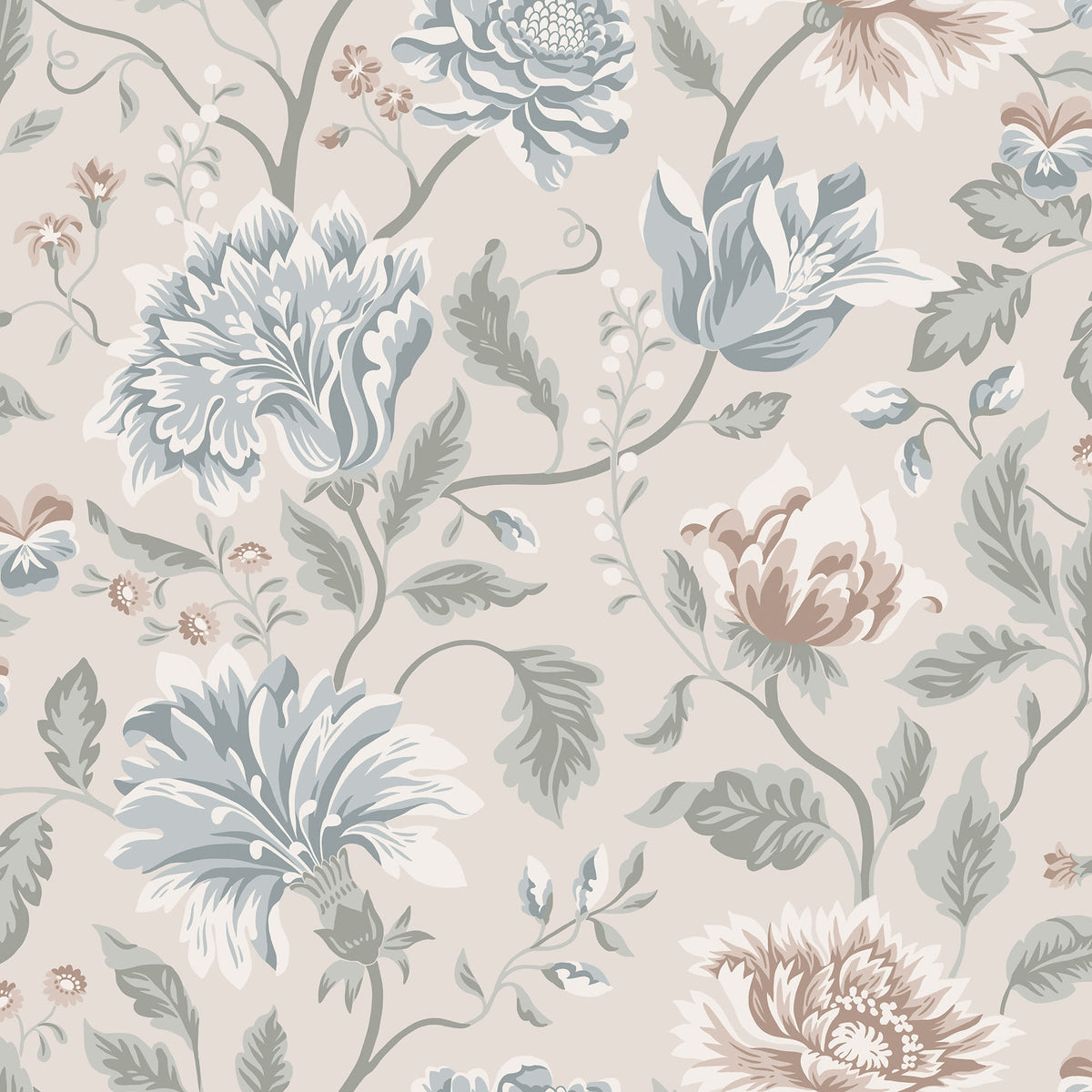 Annabelle wallpaper by Sandberg, flat swatch of bold florals in soft blue, sage and blush on a warm greige ground