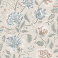 Annabelle wallpaper by Sandberg, flat swatch of bold florals in soft blue, sage and blush on a warm greige ground