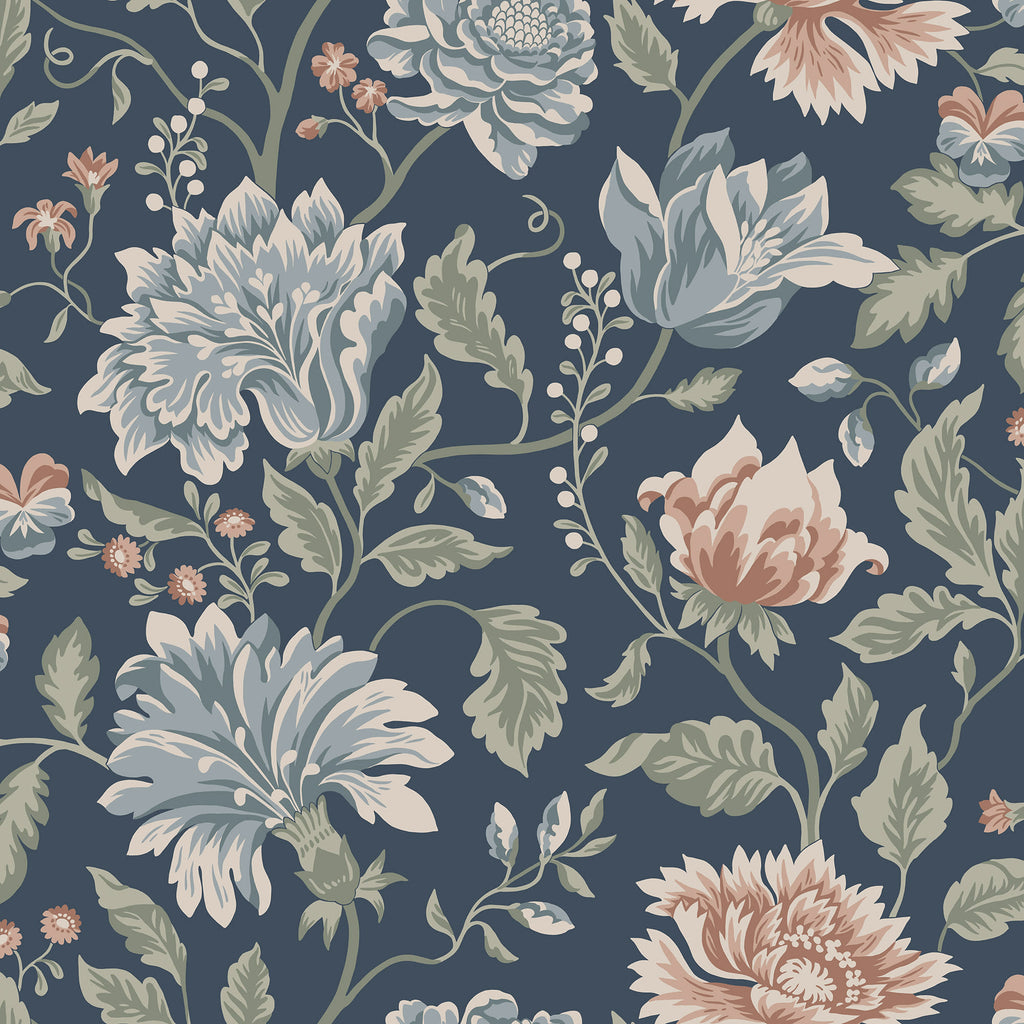 Annabelle wallpaper by Sandberg, flat swatch of large blooms and trailing leaves in dusty blue and terracotta on a deep navy ground