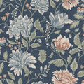 Annabelle wallpaper by Sandberg, flat swatch of large blooms and trailing leaves in dusty blue and terracotta on a deep navy ground