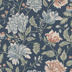 Annabelle wallpaper by Sandberg, flat swatch of large blooms and trailing leaves in dusty blue and terracotta on a deep navy ground