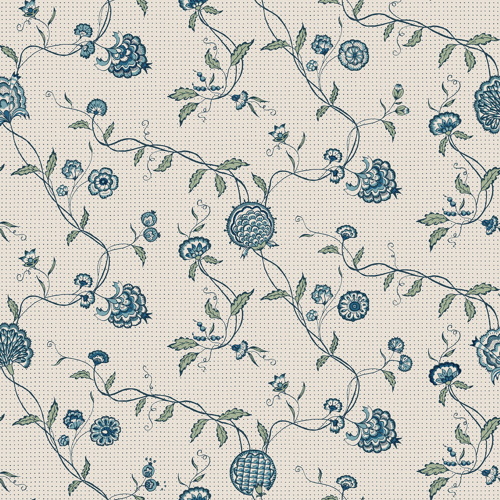 Adelaide wallpaper by Sandberg, blue trailing floral and berry vines on a dotted cream ground, flat roll swatch