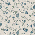 Adelaide wallpaper by Sandberg, blue trailing floral and berry vines on a dotted cream ground, flat roll swatch