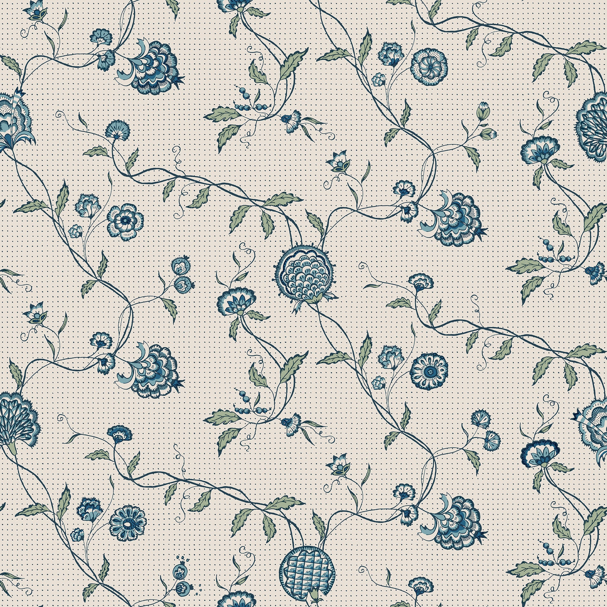 Adelaide wallpaper by Sandberg, blue trailing floral and berry vines on a dotted cream ground, flat roll swatch