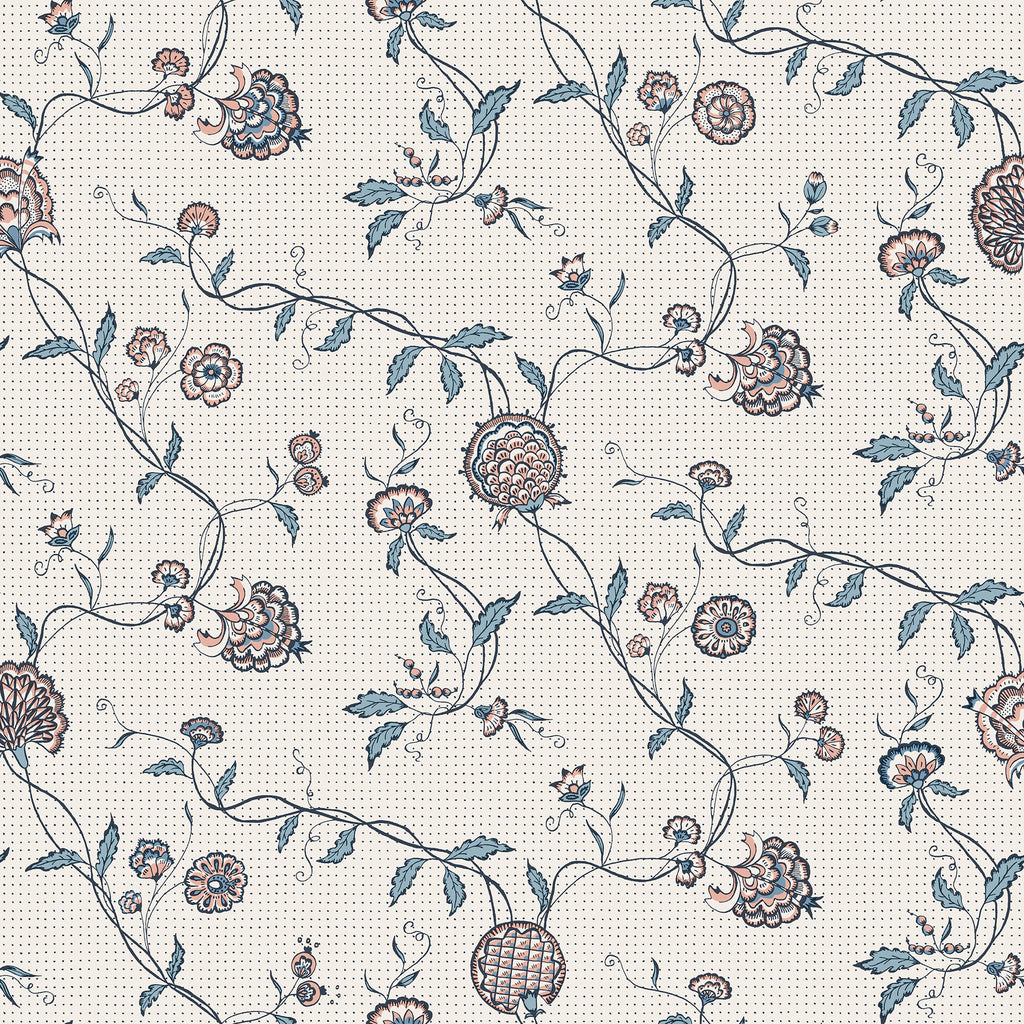 Adelaide wallpaper by Sandberg in soft blush and slate-blue florals on a dotted cream ground, flat roll swatch