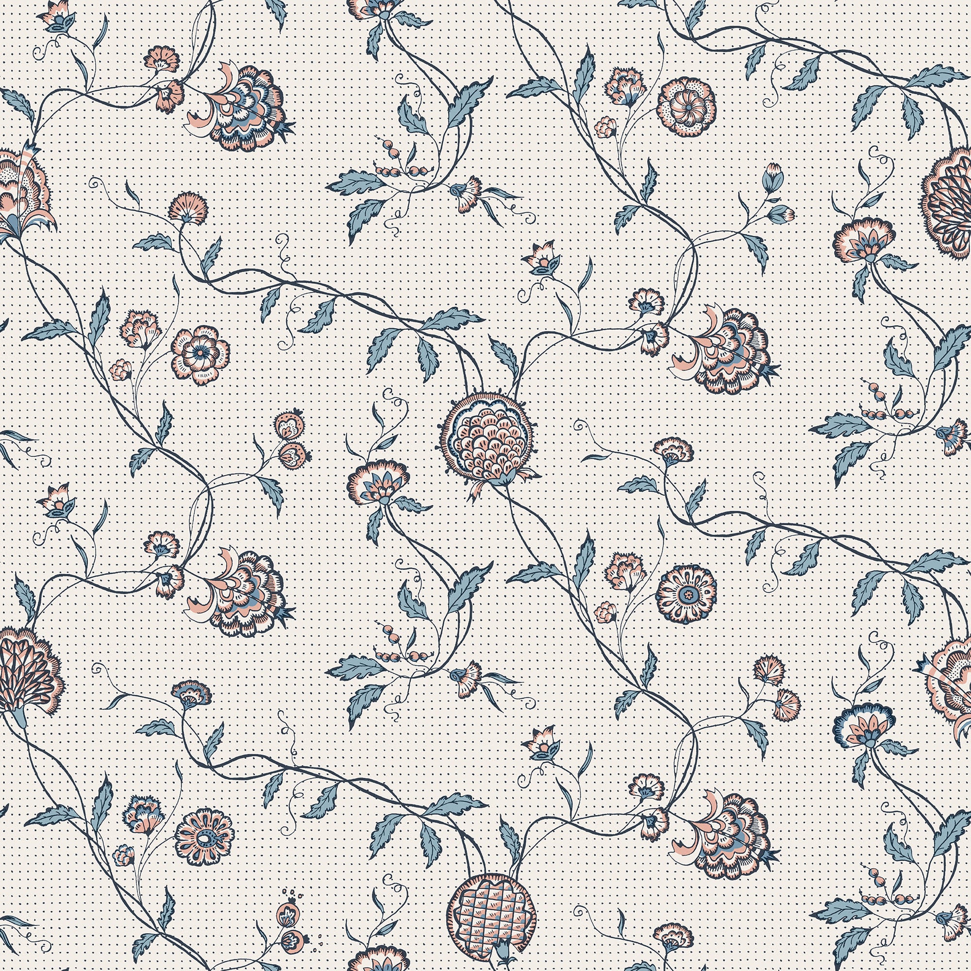 Adelaide wallpaper by Sandberg in soft blush and slate-blue florals on a dotted cream ground, flat roll swatch
