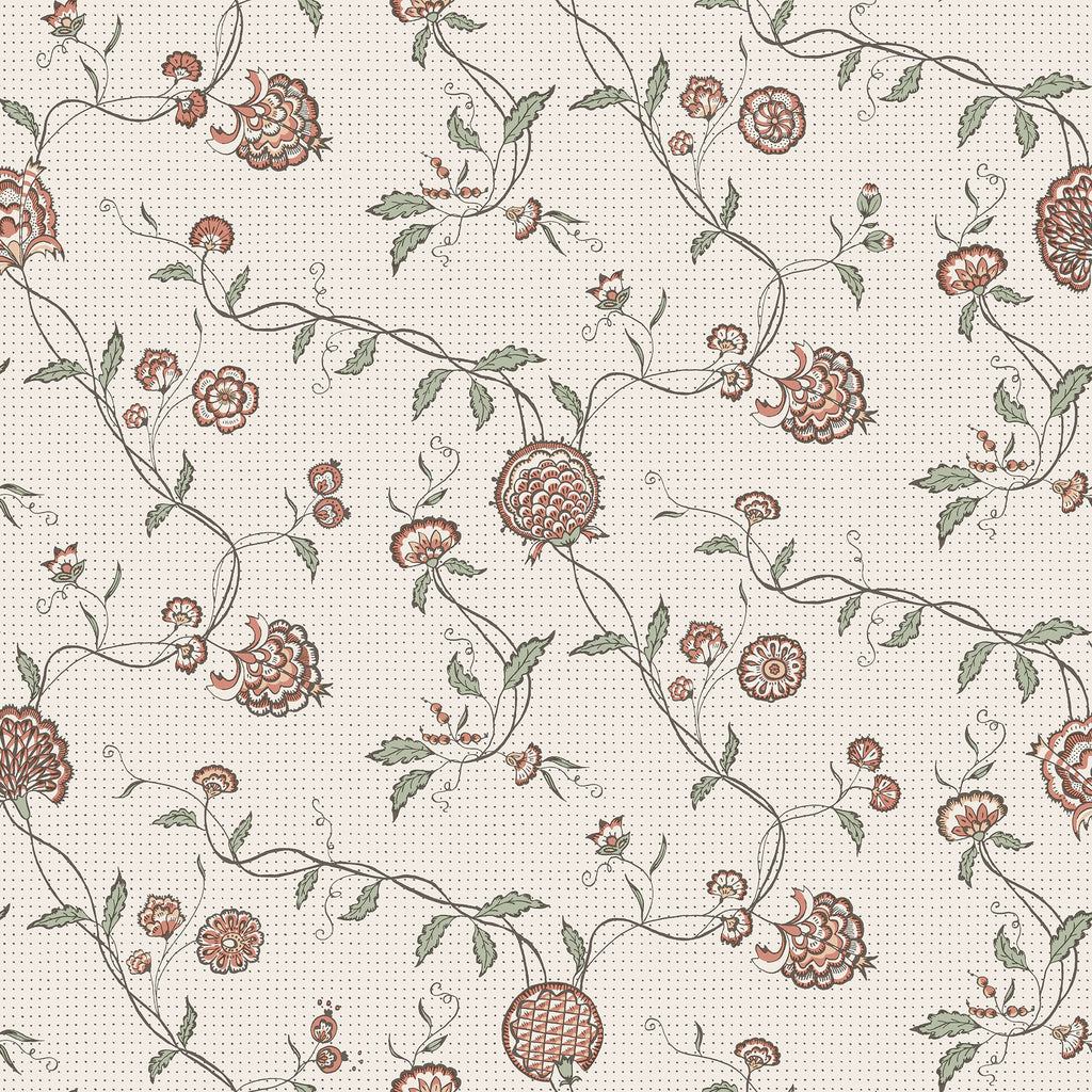 Adelaide wallpaper by Sandberg in terracotta and sage florals on a dotted cream ground, flat roll swatch
