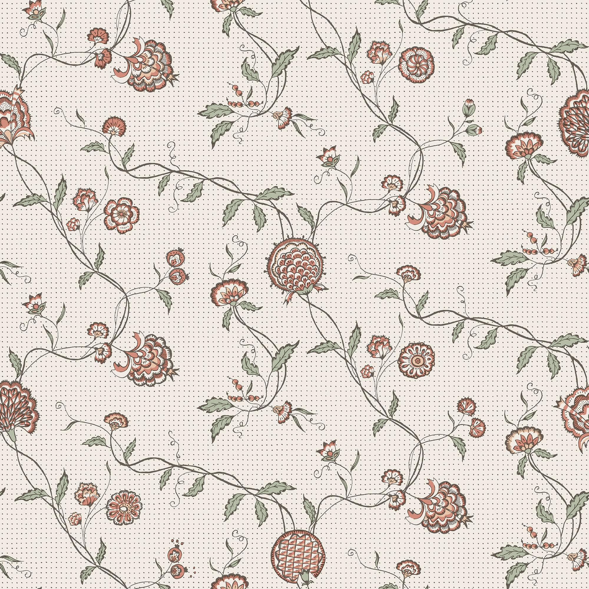 Adelaide wallpaper by Sandberg in terracotta and sage florals on a dotted cream ground, flat roll swatch