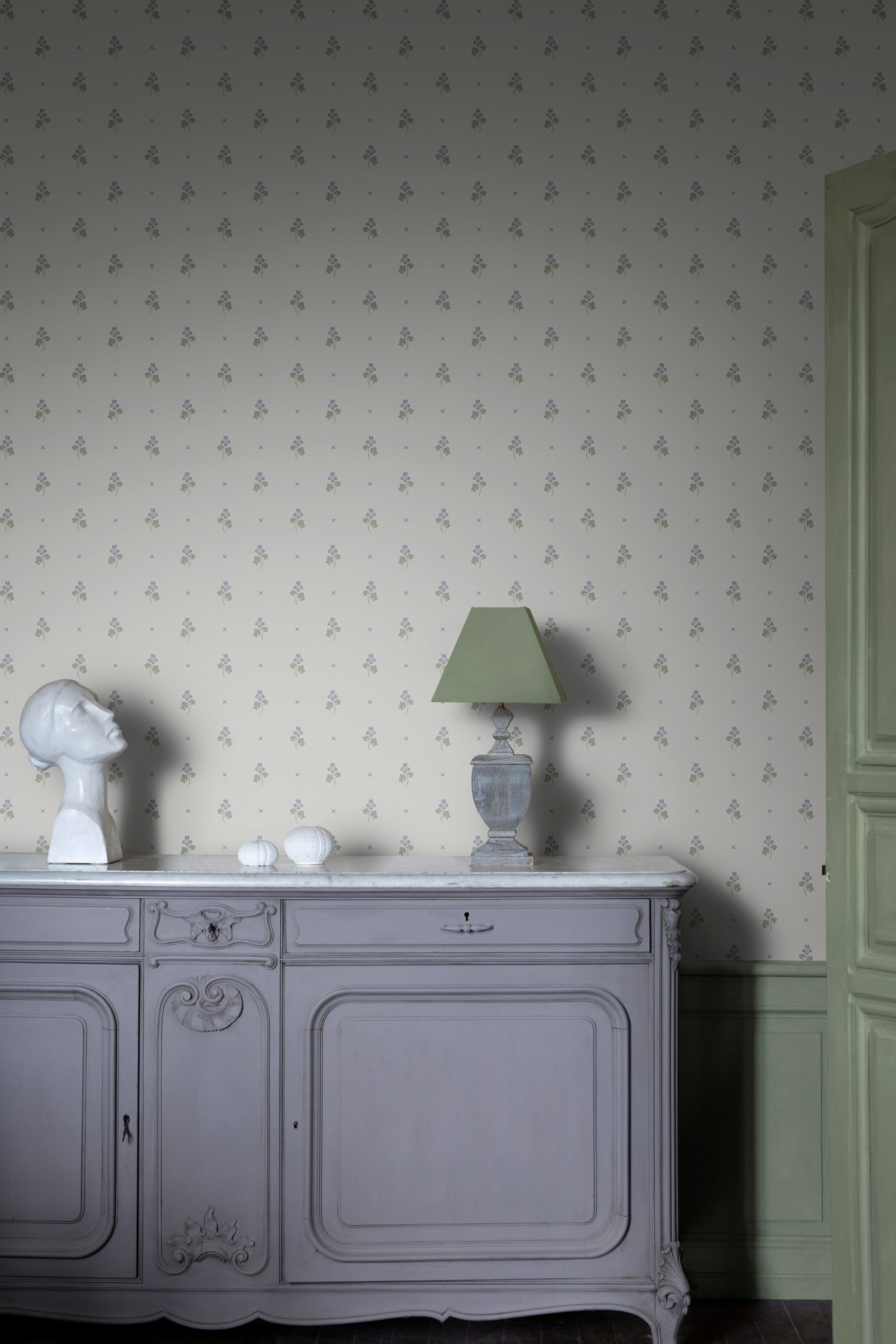 Mimi wallpaper by Sandberg in Sandstone, styled on an interior wall