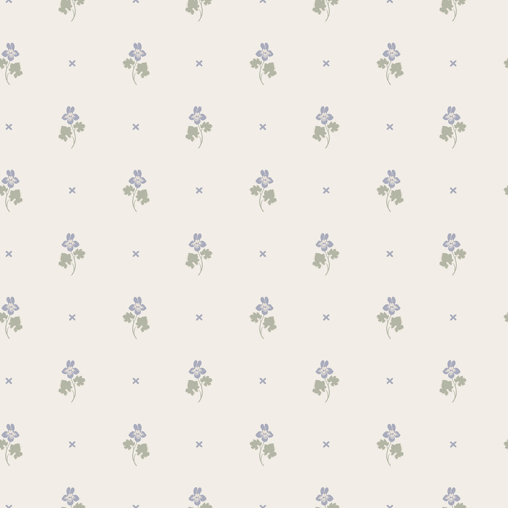 Mimi wallpaper by Sandberg in lilac, flat swatch of dainty purple violet sprigs and tiny crosses on a creamy white ground