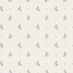 Mimi wallpaper by Sandberg in lilac, flat swatch of dainty purple violet sprigs and tiny crosses on a creamy white ground