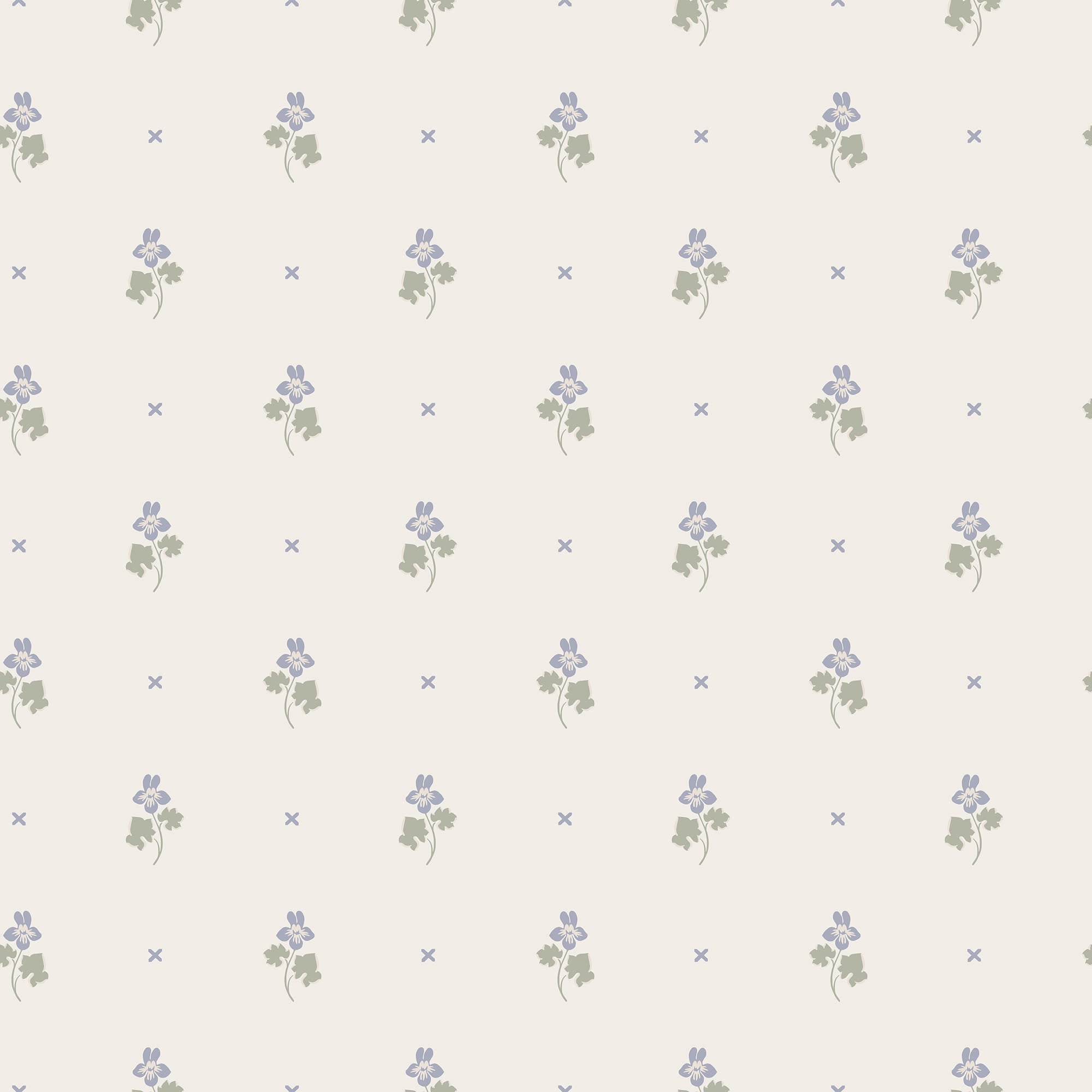 Mimi wallpaper by Sandberg in lilac, flat swatch of dainty purple violet sprigs and tiny crosses on a creamy white ground