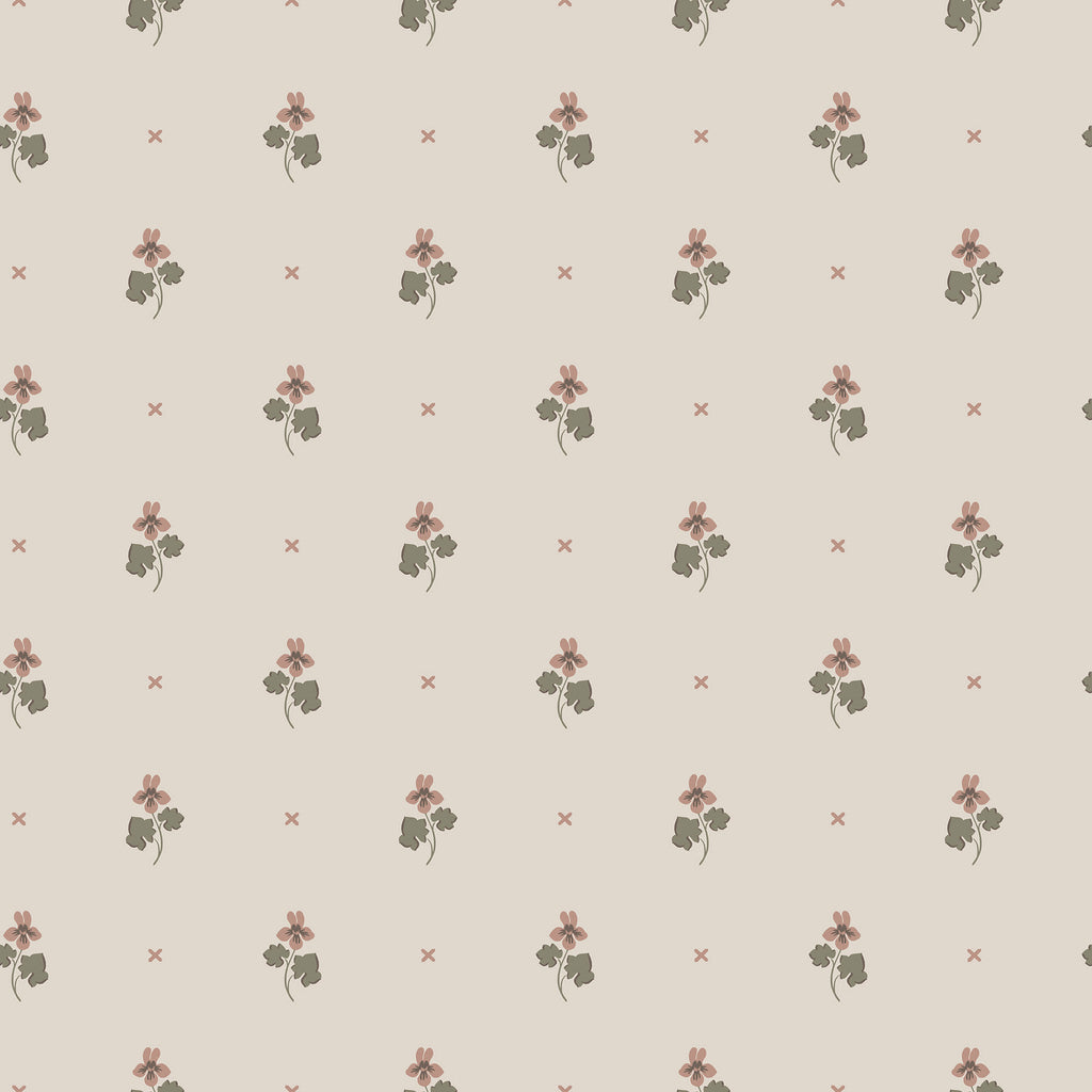 Mimi wallpaper by Sandberg, flat swatch of small dusty-pink violets with grey-green leaves and tiny crosses on a soft taupe ground