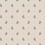 Mimi wallpaper by Sandberg, flat swatch of small dusty-pink violets with grey-green leaves and tiny crosses on a soft taupe ground